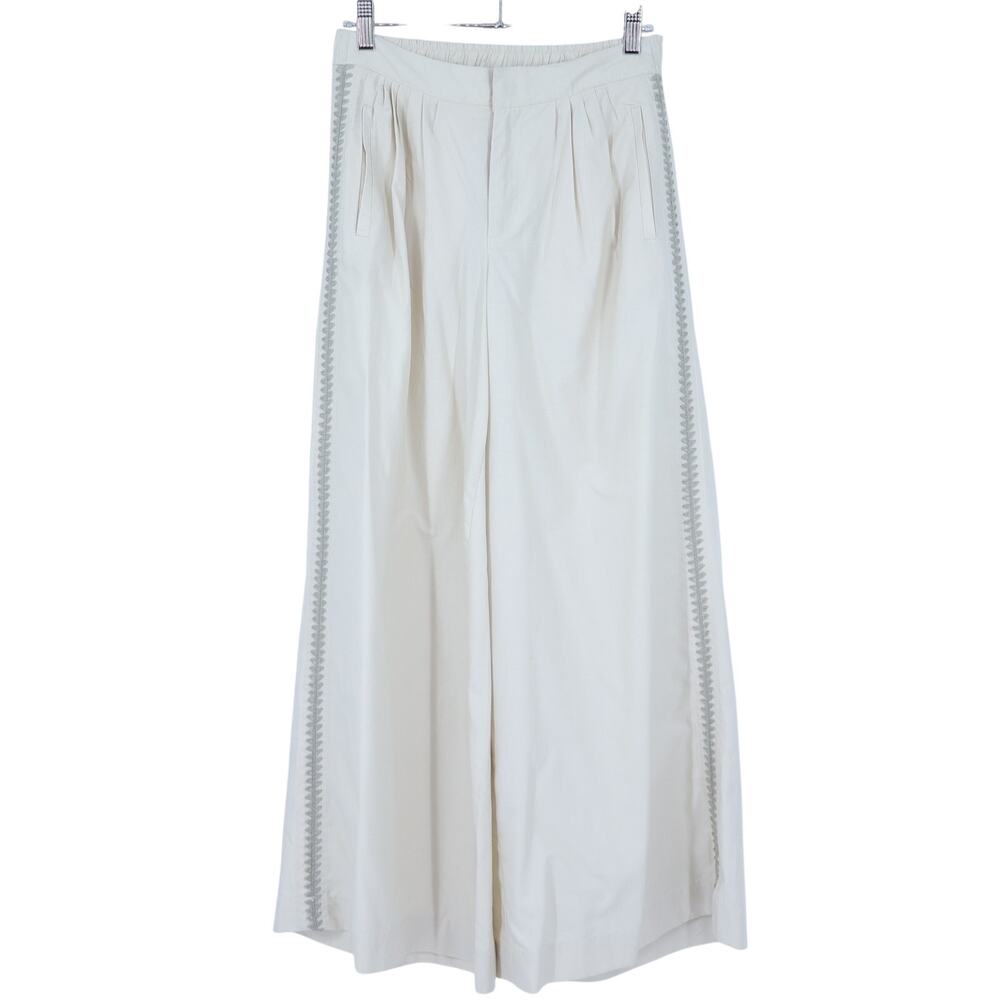 ANTHROPOLOGIE Pleated Embroidered Trousers Off White Wide Leg Women's XS